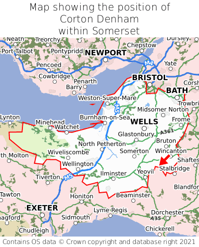 Map showing location of Corton Denham within Somerset