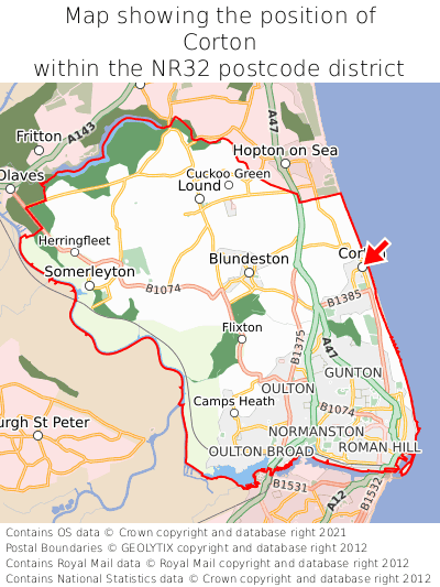 Map showing location of Corton within NR32