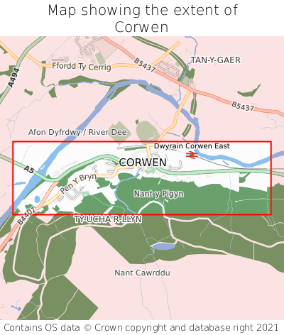 Map showing extent of Corwen as bounding box