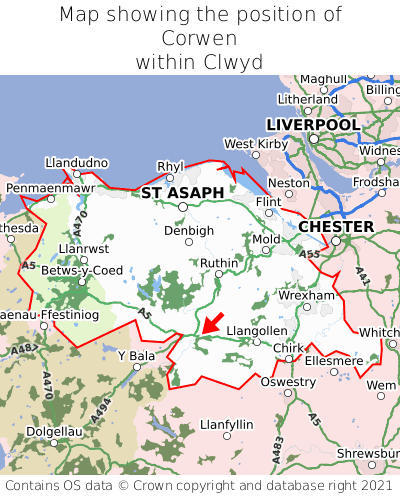 Map showing location of Corwen within Clwyd