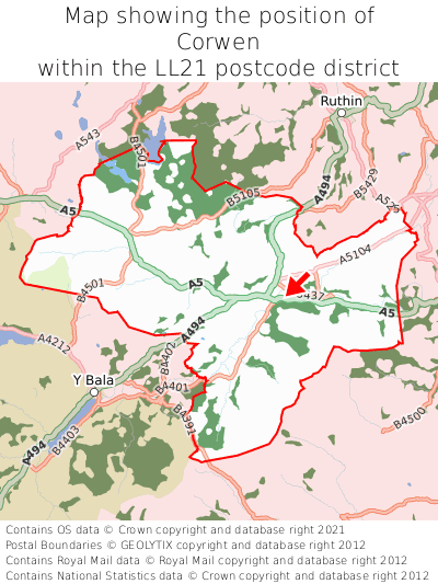 Map showing location of Corwen within LL21