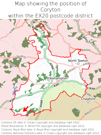 Map showing location of Coryton within EX20