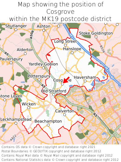 Map showing location of Cosgrove within MK19