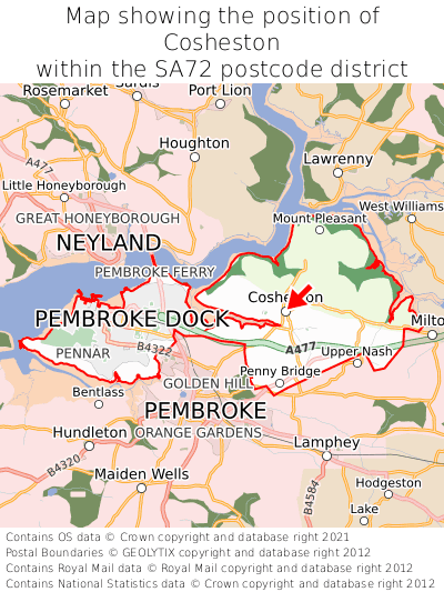 Map showing location of Cosheston within SA72