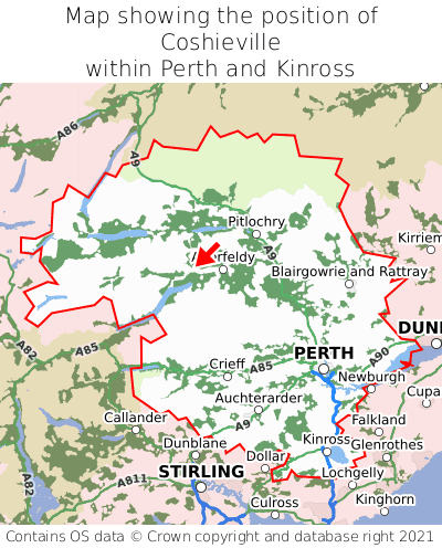 Map showing location of Coshieville within Perth and Kinross