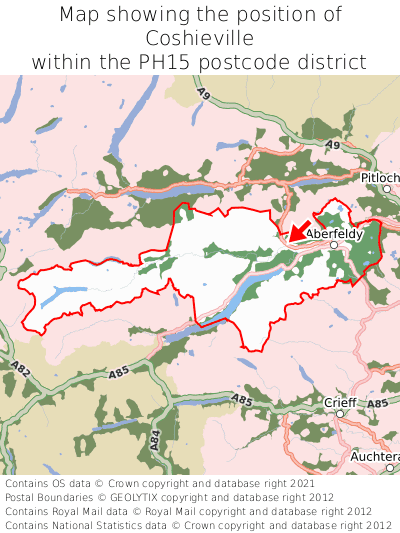 Map showing location of Coshieville within PH15