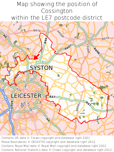 Map showing location of Cossington within LE7