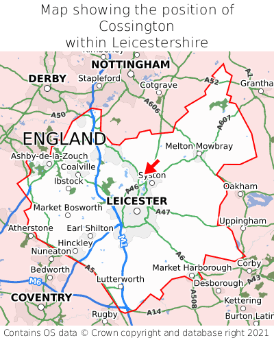 Map showing location of Cossington within Leicestershire