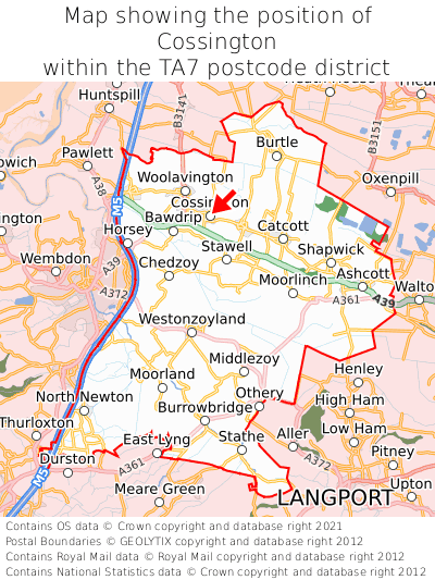 Map showing location of Cossington within TA7