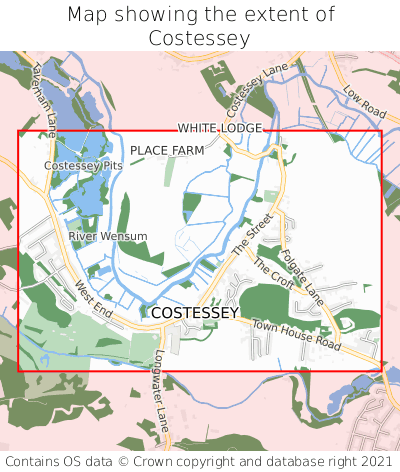 Map showing extent of Costessey as bounding box