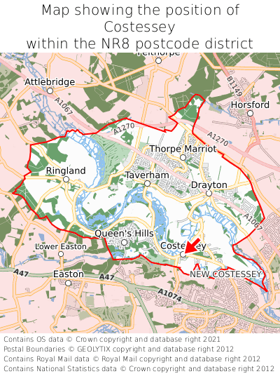 Map showing location of Costessey within NR8