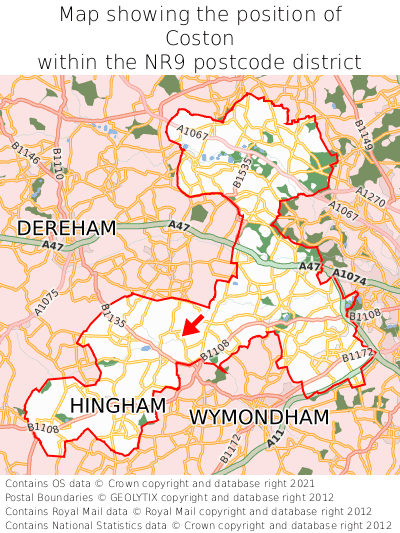 Map showing location of Coston within NR9