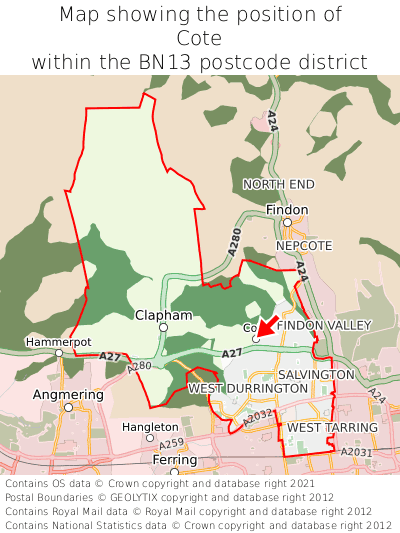 Map showing location of Cote within BN13