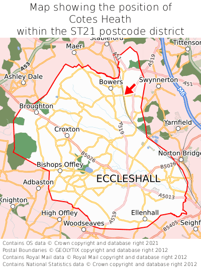 Map showing location of Cotes Heath within ST21