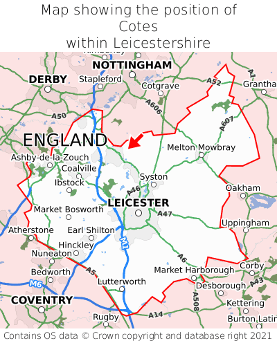 Map showing location of Cotes within Leicestershire