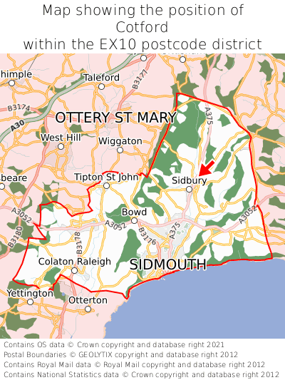 Map showing location of Cotford within EX10