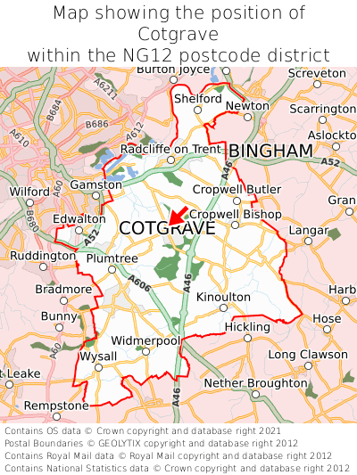 Map showing location of Cotgrave within NG12