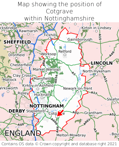 Map showing location of Cotgrave within Nottinghamshire