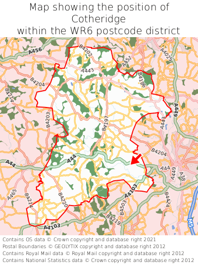 Map showing location of Cotheridge within WR6