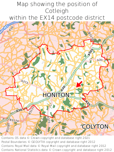 Map showing location of Cotleigh within EX14