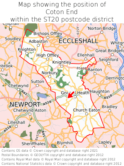 Map showing location of Coton End within ST20