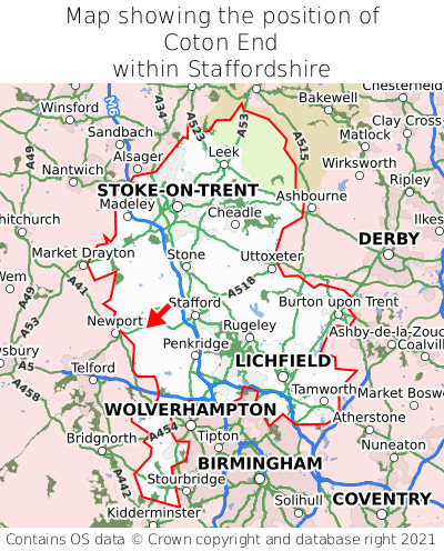 Map showing location of Coton End within Staffordshire