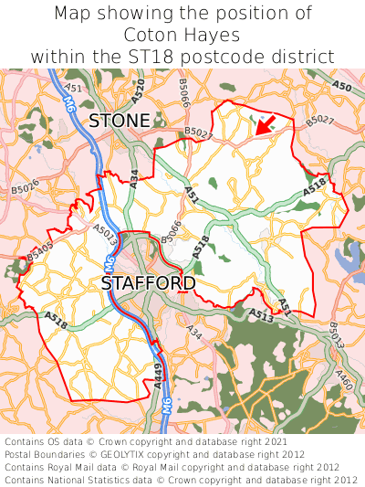 Map showing location of Coton Hayes within ST18