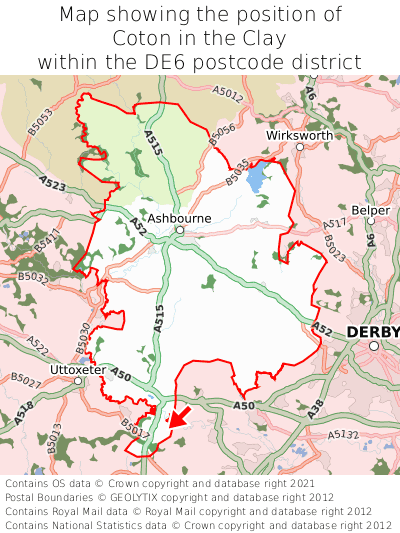 Map showing location of Coton in the Clay within DE6