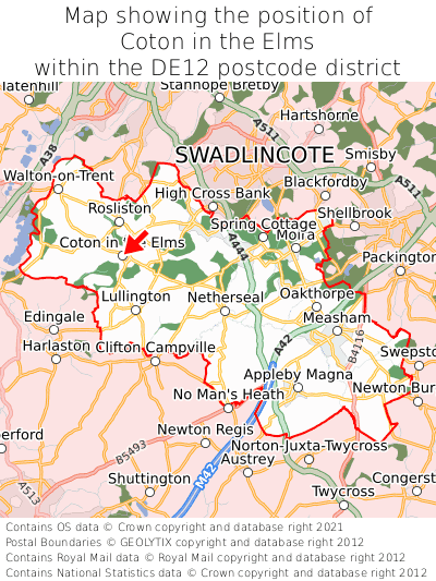 Map showing location of Coton in the Elms within DE12