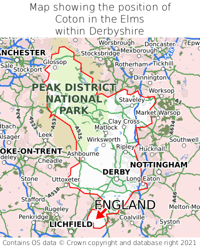 Map showing location of Coton in the Elms within Derbyshire
