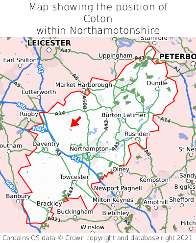 Map showing location of Coton within Northamptonshire