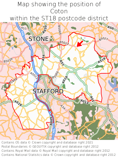 Map showing location of Coton within ST18
