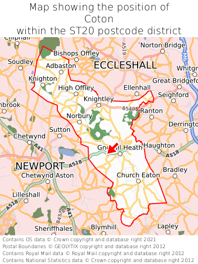 Map showing location of Coton within ST20