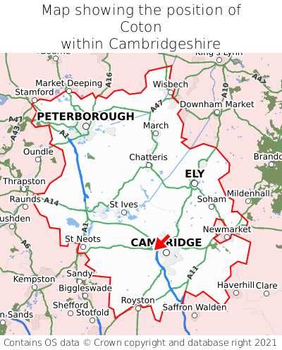 Map showing location of Coton within Cambridgeshire