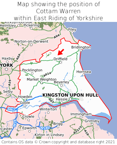 Map showing location of Cottam Warren within East Riding of Yorkshire