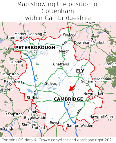 Map showing location of Cottenham within Cambridgeshire