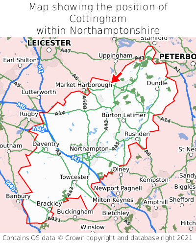 Map showing location of Cottingham within Northamptonshire