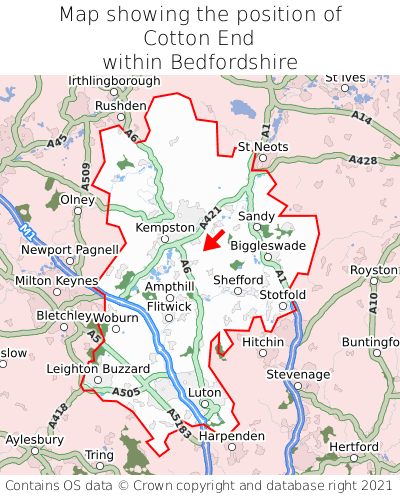 Map showing location of Cotton End within Bedfordshire