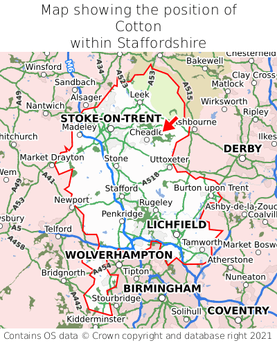 Map showing location of Cotton within Staffordshire