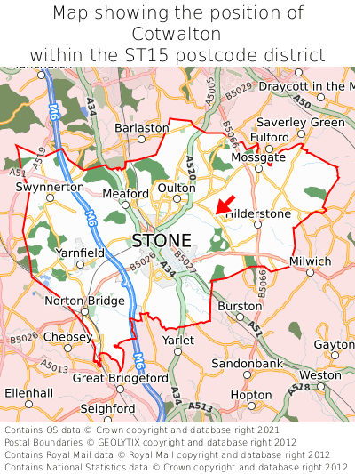 Map showing location of Cotwalton within ST15