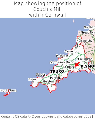 Map showing location of Couch's Mill within Cornwall