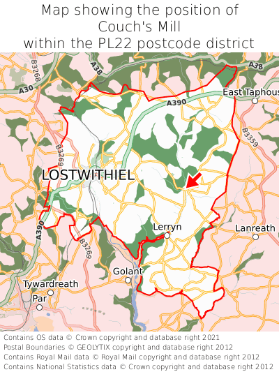 Map showing location of Couch's Mill within PL22