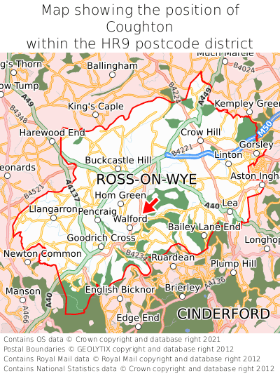 Map showing location of Coughton within HR9