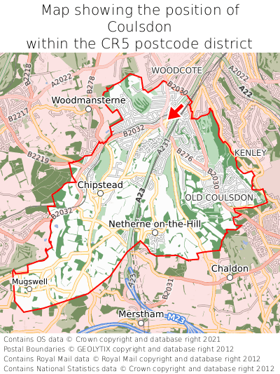 Map showing location of Coulsdon within CR5