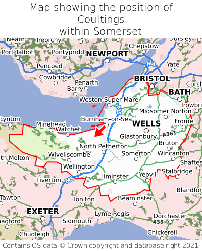 Map showing location of Coultings within Somerset