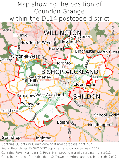 Map showing location of Coundon Grange within DL14