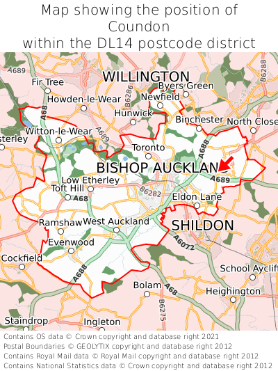 Map showing location of Coundon within DL14