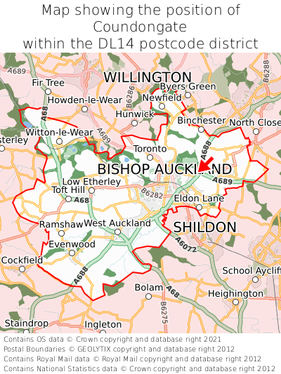 Map showing location of Coundongate within DL14