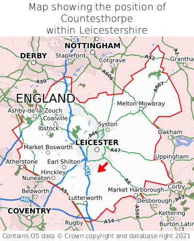 Map showing location of Countesthorpe within Leicestershire