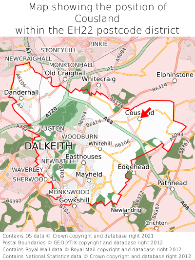 Map showing location of Cousland within EH22